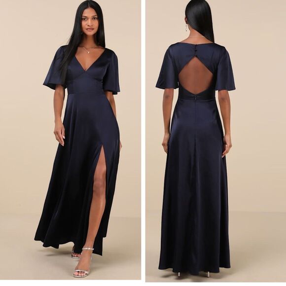Lulus Elegant Confidence Navy Satin Flutter Sleeve Cutout Maxi Dress Size Medium - Picture 1 of 10